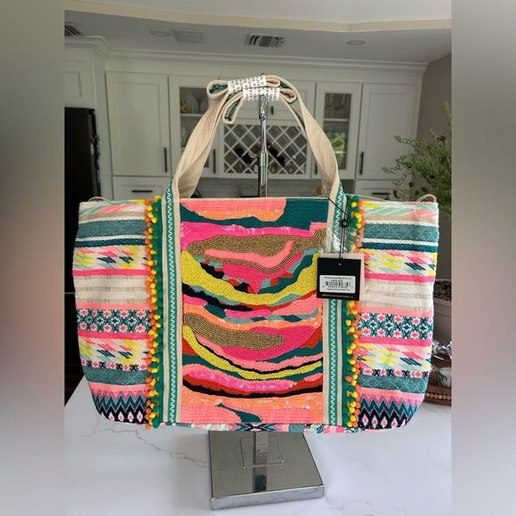 America and Beyond DAPHNE EMBELLISHED MULTI-COLORED HAND BEADED TOTE NWT - Picture 15 of 16